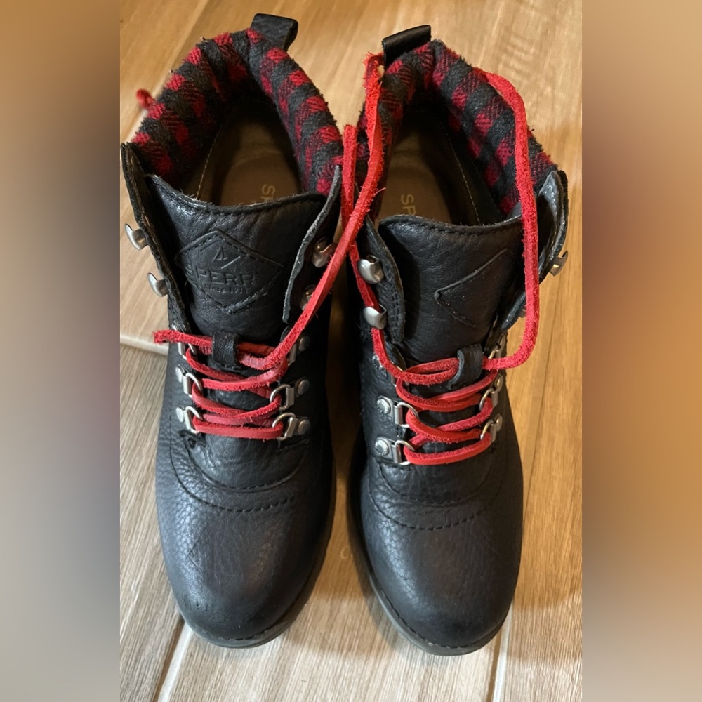 Sperry Black Boots with Red Accents